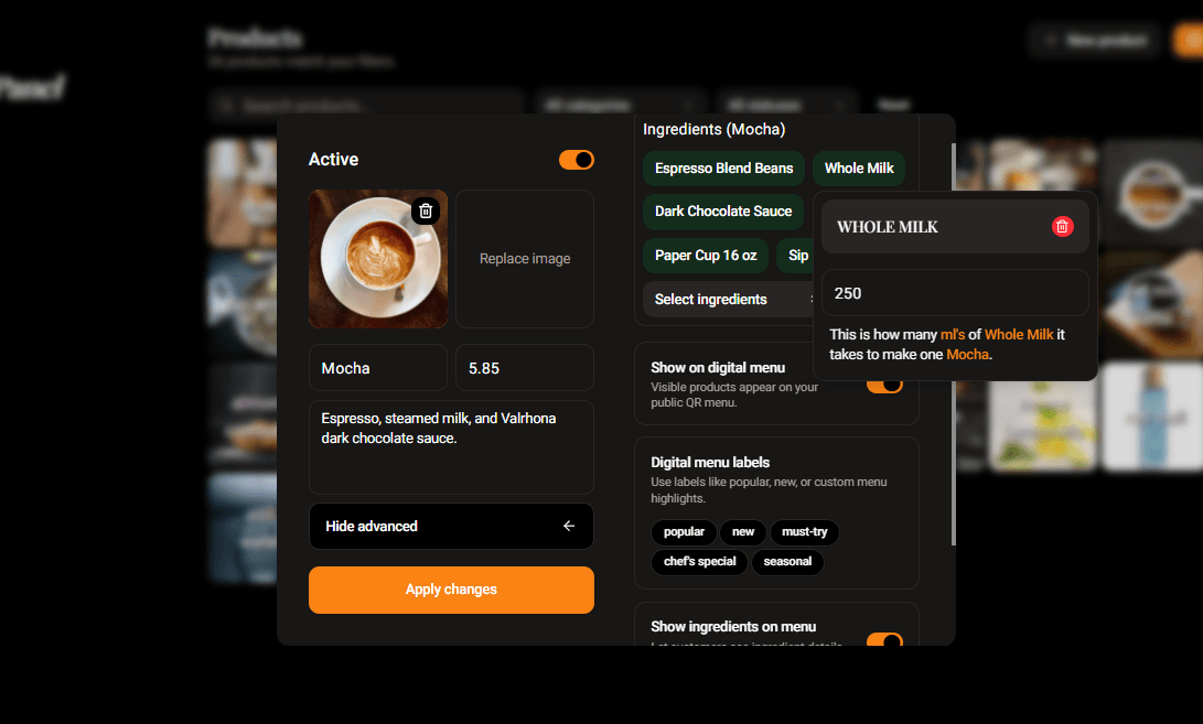 PufferPOS product editor showing recipe ingredients and menu settings