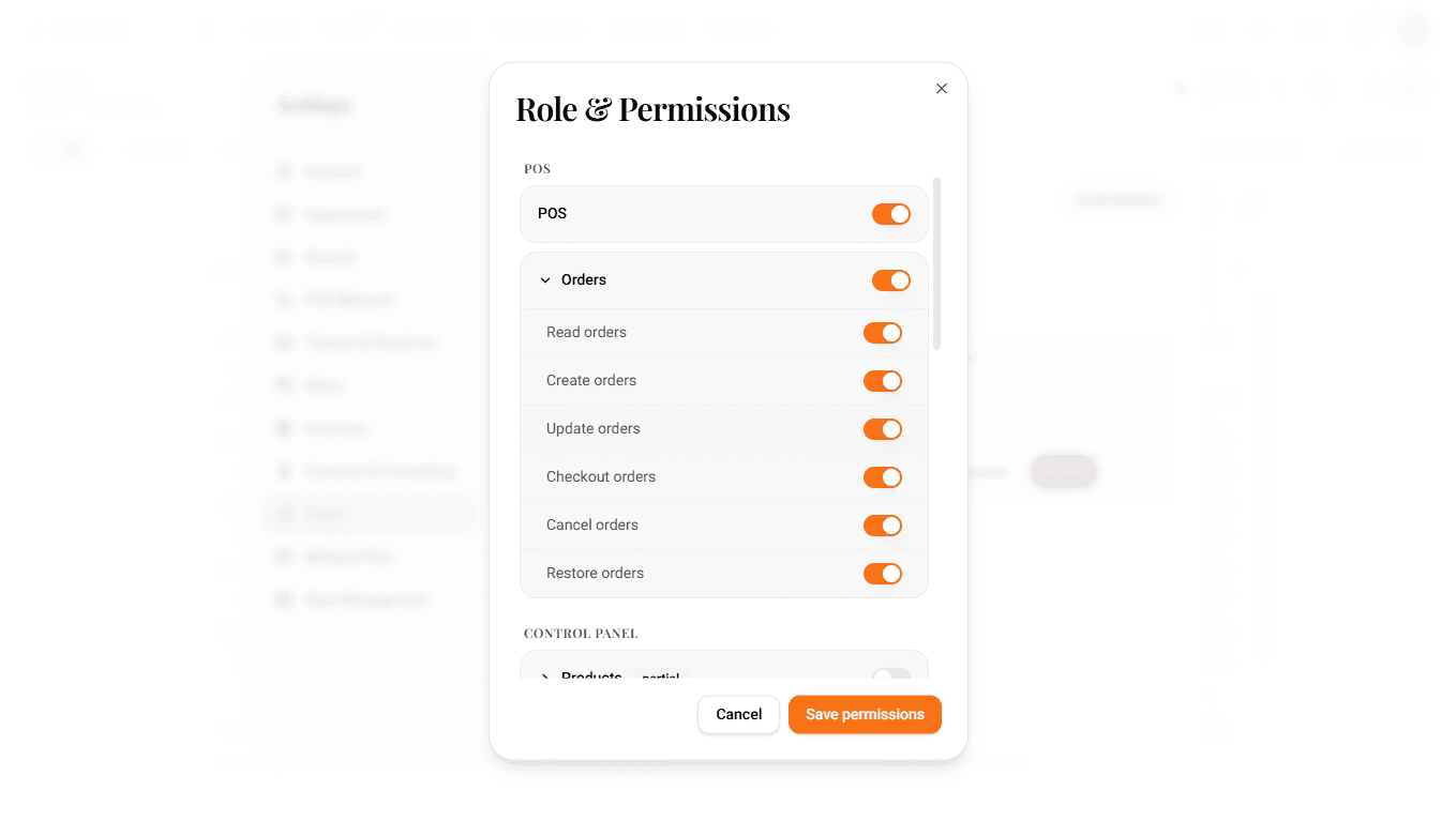PufferPOS role and permissions editor