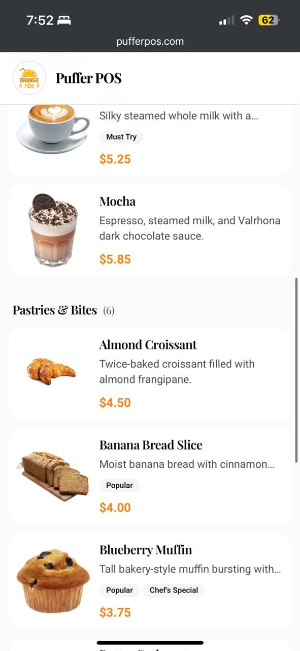 PufferPOS mobile read-only public menu
